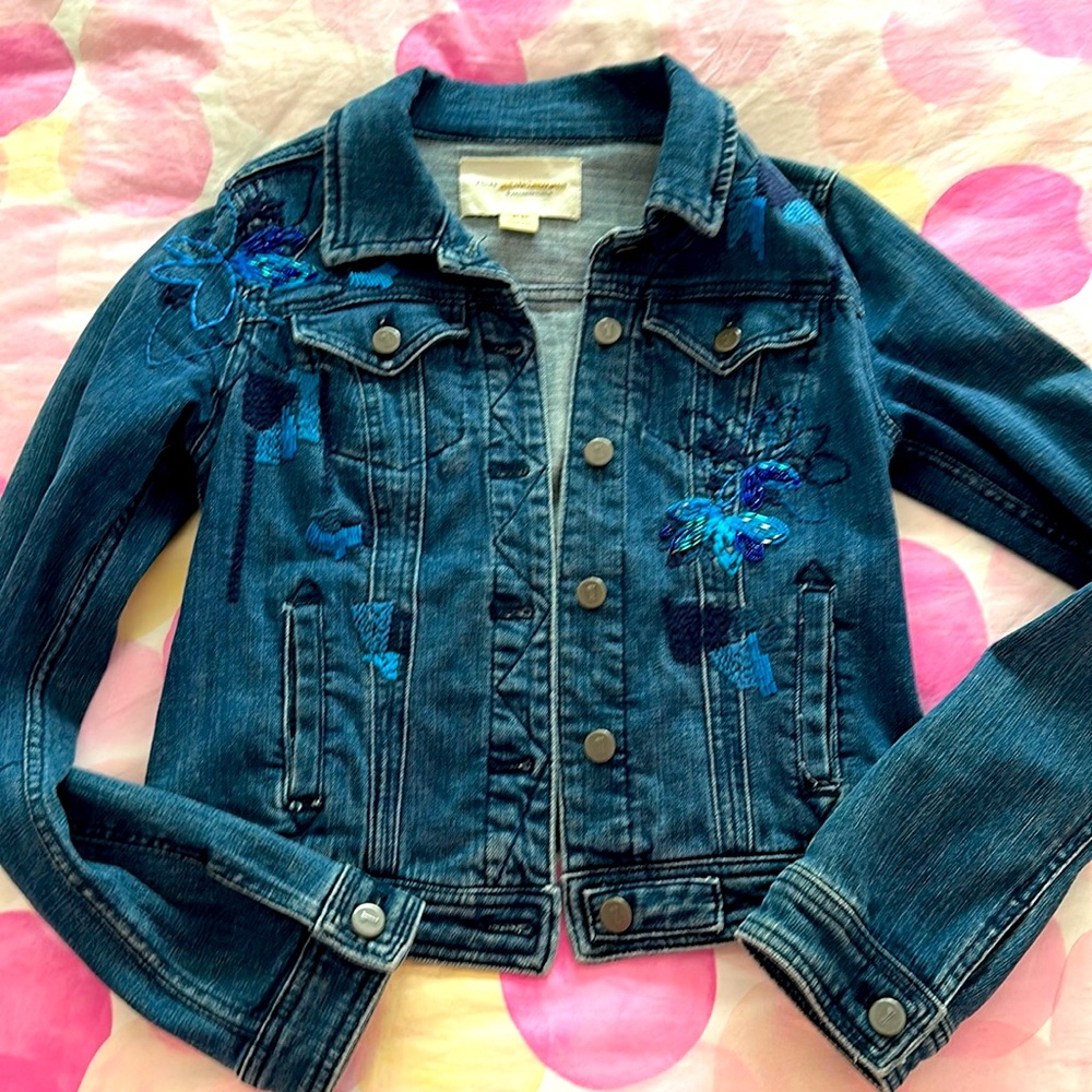 Blue floral embellished denim jacket
